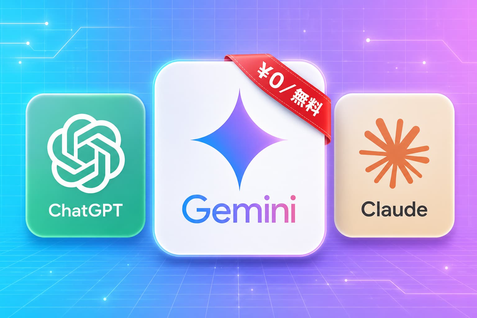 ChatGPT・Gemini・Claudeの3つのロゴが横並びになり、Geminiだけに「無料」のタグが貼られているアイキャッチ画像